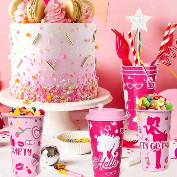 Barbie 4 Pack 16oz Recyclable Cups With Lids  Birthday Party Picnic Travel - Picture 1 of 7